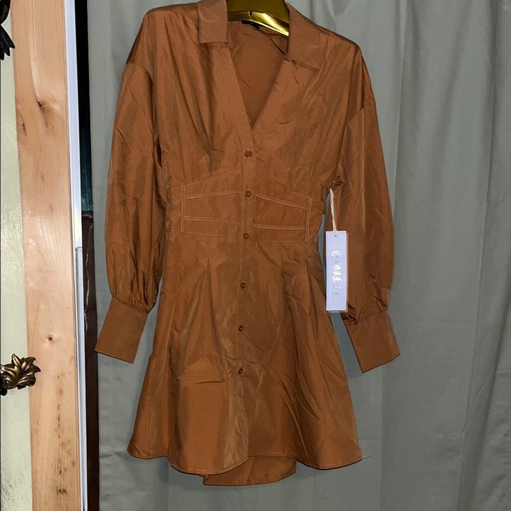 Brown Ribbed Fit and Flare Dress with Long Bishop Sleeves